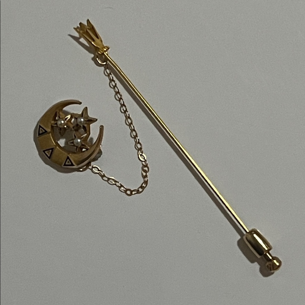 Vintage Art Deco 10K Gold Tri Delta Moon & Star Chain Stick Pin Brooch - Picture 8 of 14